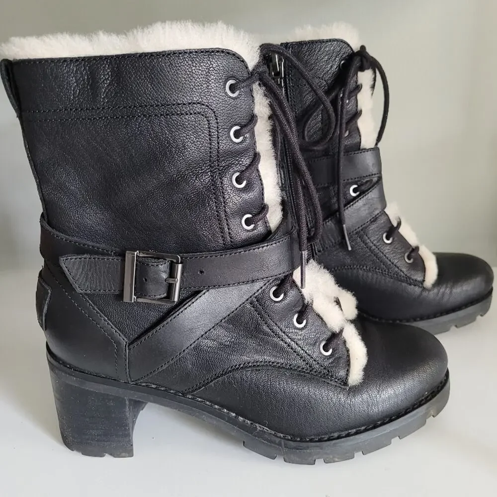 UGG Ingrid Black Leather Shearling Lug Sole Moto Combat Boots Size 7